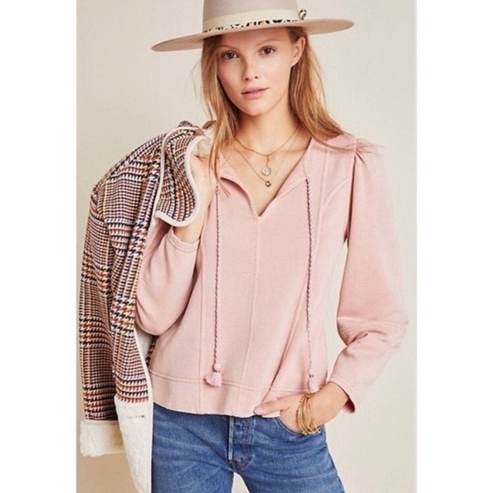Anthropologie Maeve Jeanne Puff Sleeved Blush Pink V-Neck Pullover Top